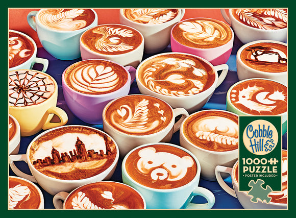 BaristArt jigsaw puzzle featuring an array of beautifully crafted latte art in colorful cups. The image displays intricate designs such as flowers, a skyline, and animals in coffee, inviting puzzle enthusiasts to piece together this delightful scene. Includes a poster for reference.