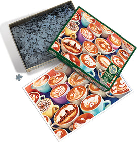 BaristArt jigsaw puzzle by Cobble Hill features an assortment of beautifully crafted coffee cups with intricate latte art designs. The puzzle box shows the colorful array of cups and includes a picture reference of the completed puzzle. There are many puzzle pieces neatly organized inside the box, inviting coffee lovers and puzzle enthusiasts to engage in a delightful challenge.