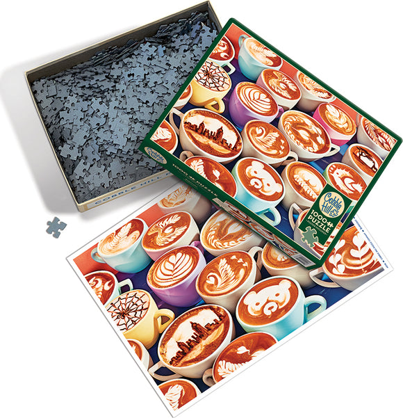 BaristArt jigsaw puzzle by Cobble Hill features an assortment of beautifully crafted coffee cups with intricate latte art designs. The puzzle box shows the colorful array of cups and includes a picture reference of the completed puzzle. There are many puzzle pieces neatly organized inside the box, inviting coffee lovers and puzzle enthusiasts to engage in a delightful challenge.