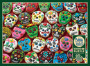 A colorful jigsaw puzzle featuring an array of sugar skull-shaped cookies, beautifully decorated with vibrant icing and floral designs. The cookies are arranged on a textured red background, showcasing various expressions and intricate details typical of Day of the Dead celebrations. Each cookie showcases bright colors like pink, green, and black, making it visually striking and festive.
