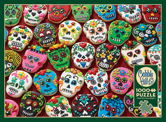 A colorful jigsaw puzzle featuring an array of sugar skull-shaped cookies, beautifully decorated with vibrant icing and floral designs. The cookies are arranged on a textured red background, showcasing various expressions and intricate details typical of Day of the Dead celebrations. Each cookie showcases bright colors like pink, green, and black, making it visually striking and festive.