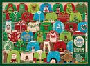 A colorful jigsaw puzzle from Cobble Hill featuring 1000 pieces, depicting a collection of festive ugly Christmas sweaters in various designs and colors, surrounded by holiday-themed decorations such as snowmen, reindeer, and candy canes, with a festive red and green color palette. A poster is included in the package.