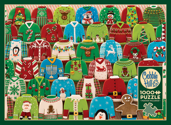 A colorful jigsaw puzzle from Cobble Hill featuring 1000 pieces, depicting a collection of festive ugly Christmas sweaters in various designs and colors, surrounded by holiday-themed decorations such as snowmen, reindeer, and candy canes, with a festive red and green color palette. A poster is included in the package.