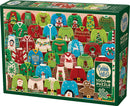A colorful jigsaw puzzle box featuring a collection of various ugly Christmas sweaters. Sweaters are decorated with festive motifs including snowmen, Christmas trees, and candy canes. The box indicates that the puzzle has 1000 pieces and includes a poster.