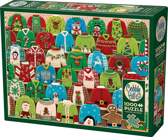 A colorful jigsaw puzzle box featuring a collection of various ugly Christmas sweaters. Sweaters are decorated with festive motifs including snowmen, Christmas trees, and candy canes. The box indicates that the puzzle has 1000 pieces and includes a poster.