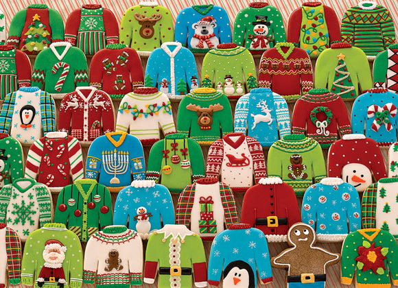 A vibrant and colorful jigsaw puzzle featuring an array of festive ugly Christmas sweaters. The design showcases sweaters in red, green, and blue with playful decorations like snowmen, Christmas trees, cookies, and ornaments, all set against a cheerful striped background. Perfect for family fun during the holiday season!
