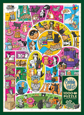 Doodlecats jigsaw puzzle by Cobble Hill featuring a colorful and whimsical design filled with various illustrated cats in playful and creative activities. The puzzle is made up of 1000 pieces and includes a poster for reference. Perfect for cat lovers and puzzle enthusiasts.