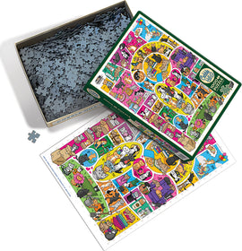 A vibrant jigsaw puzzle titled 'Doodlecats' by Cobble Hill. The image shows an open box with numerous jigsaw pieces scattered. The puzzle depicts a colorful illustration filled with playful cats in various scenarios, featuring bright colors and engaging artwork. The layout includes a picture of the completed puzzle, showcasing adorable cat characters and whimsical elements.