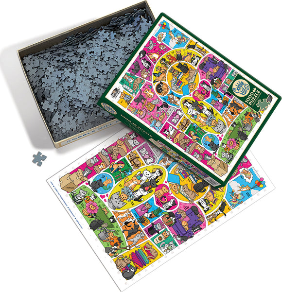 A vibrant jigsaw puzzle titled 'Doodlecats' by Cobble Hill. The image shows an open box with numerous jigsaw pieces scattered. The puzzle depicts a colorful illustration filled with playful cats in various scenarios, featuring bright colors and engaging artwork. The layout includes a picture of the completed puzzle, showcasing adorable cat characters and whimsical elements.