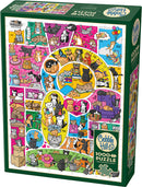 Doodlecats jigsaw puzzle by Cobble Hill featuring a colorful and playful collage of cats engaging in various activities. The 1000-piece puzzle showcases adorable illustrations of cats in whimsical settings, making it perfect for cat lovers and puzzle enthusiasts alike. Includes a poster for reference.