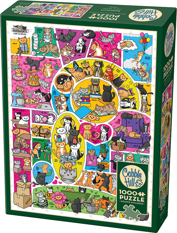 Doodlecats jigsaw puzzle by Cobble Hill featuring a colorful and playful collage of cats engaging in various activities. The 1000-piece puzzle showcases adorable illustrations of cats in whimsical settings, making it perfect for cat lovers and puzzle enthusiasts alike. Includes a poster for reference.