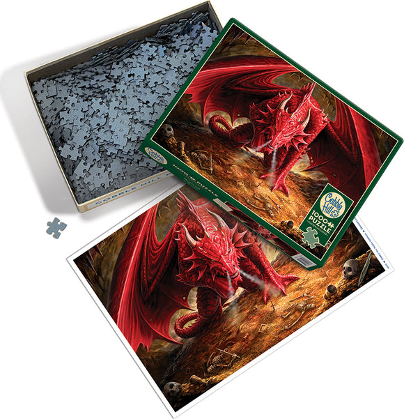 A 1000-piece jigsaw puzzle titled 'Dragon's Lair' by Cobble Hill. The illustration features a fierce red dragon amidst a treasure-filled cave, surrounded by skulls and gold. The puzzle pieces are shown in an open box, with an image of the completed puzzle displayed beside it.