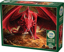 Dragon's Lair jigsaw puzzle by Cobble Hill featuring a striking, detailed image of a mighty red dragon amidst a fantasy landscape filled with skeletons. This 1000-piece puzzle includes a poster, perfect for dragon enthusiasts and puzzle lovers looking for a captivating challenge.