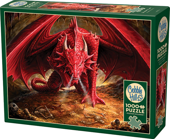 Dragon's Lair jigsaw puzzle by Cobble Hill featuring a striking, detailed image of a mighty red dragon amidst a fantasy landscape filled with skeletons. This 1000-piece puzzle includes a poster, perfect for dragon enthusiasts and puzzle lovers looking for a captivating challenge.