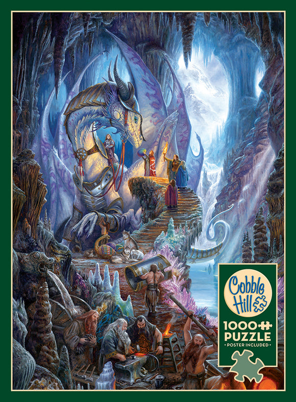 Dragonforge Jigsaw Puzzle by Cobble Hill featuring a vibrant fantasy scene with a majestic dragon surrounded by adventurers, miners, and a mystical cave. The illustration showcases intricate details, colors, and a sense of adventure, perfect for puzzle enthusiasts. Includes a poster for reference.