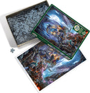 Dragonforge jigsaw puzzle by Cobble Hill, featuring a vibrant, fantasy landscape with mythical creatures and intricate details. The puzzle pieces are scattered inside an eco-friendly box, with the puzzle artwork displayed beside it.