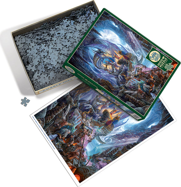 Dragonforge jigsaw puzzle by Cobble Hill, featuring a vibrant, fantasy landscape with mythical creatures and intricate details. The puzzle pieces are scattered inside an eco-friendly box, with the puzzle artwork displayed beside it.
