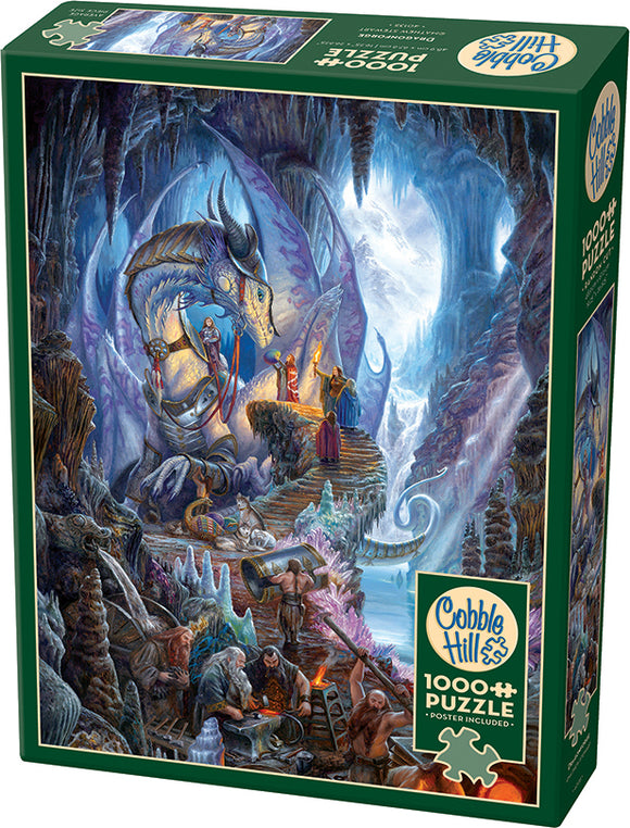 Dragonforge Jigsaw Puzzle by Cobble Hill featuring a vibrant fantasy scene with a majestic dragon and adventurers exploring an icy cavern, complete with intricate details and rich colors. The puzzle contains 1000 pieces and comes with a poster for reference.