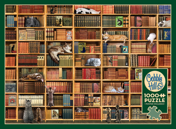 A colorful jigsaw puzzle titled 'The Cat Library' by Cobble Hill, featuring a detailed image of a bookshelf filled with various books and playful cats lounging among them. The puzzle contains 1000 pieces and includes a poster for reference.