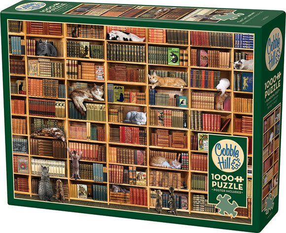 The Cat Library jigsaw puzzle by Cobble Hill features a charming image of a bookshelf filled with colorful books and playful cats lounging among them. The puzzle includes 1000 pieces and comes with a poster for reference.