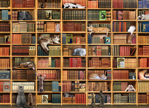Intricate jigsaw puzzle titled 'The Cat Library' by Cobble Hill, featuring a wooden bookshelf filled with colorful books and whimsical cats lounging on the shelves. This charming image captures the essence of both literature and feline companionship, perfect for cat lovers and puzzle enthusiasts.