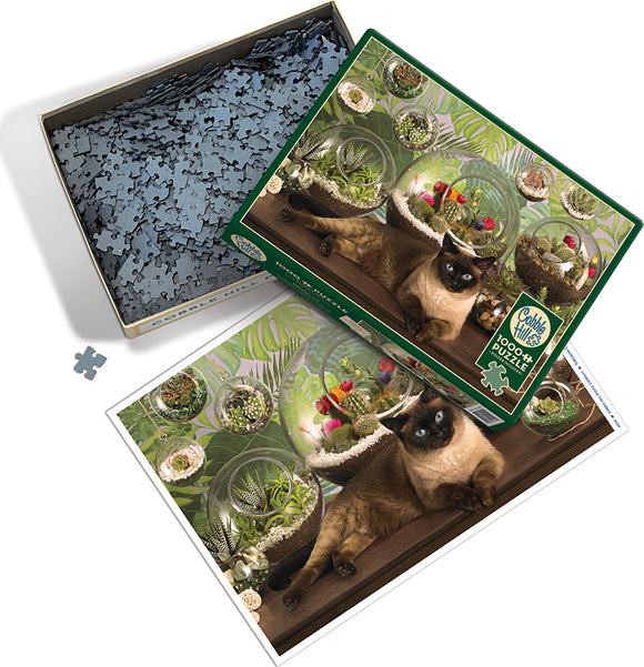 The Cobble Hill Terrarium Cat jigsaw puzzle features a serene indoor scene with a cat lounging in front of beautifully arranged terrariums filled with vibrant plants. The puzzle box is open, showing numerous blue jigsaw pieces and the colorful image on the lid, which depicts the cozy setting. The captivating visuals invite puzzle enthusiasts to enjoy a relaxing and engaging experience.