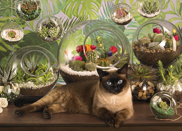 A beautiful arrangement featuring a serene Siamese cat lounging on a wooden surface in front of a vibrant display of terrariums filled with various plants. The background showcases an array of colorful tropical leaves, enhancing the overall lush aesthetic. The terrariums contain a mix of cacti and succulent plants, with pebbles and decorative stones visible at the base, creating an enchanting and calming environment.