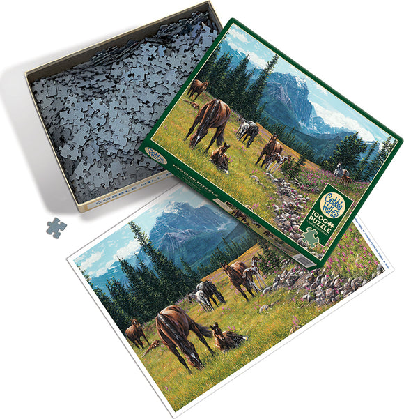 The Horse Meadow jigsaw puzzle by Cobble Hill features a scenic landscape image with horses grazing in a vibrant meadow surrounded by mountains and trees. The puzzle box is open, showcasing the numerous interlocking pieces inside, alongside the completed image of the puzzle.