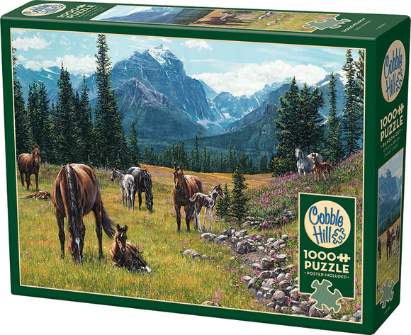 A jigsaw puzzle titled 'Horse Meadow' from Cobble Hill, featuring a picturesque scene of horses grazing in a vibrant meadow surrounded by lush greenery and majestic mountains in the background. The box showcases a beautiful illustration with a total of 1000 pieces and includes a poster.