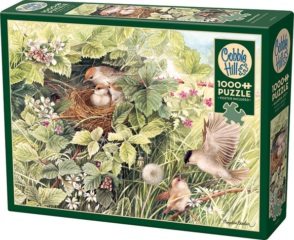 Cobble Hill Hidden Nest jigsaw puzzle featuring a beautiful illustration of birds in a nest surrounded by lush greenery. The puzzle contains 1000 pieces and includes a poster. Perfect for nature lovers and puzzle enthusiasts.