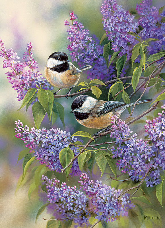 A beautifully illustrated jigsaw puzzle featuring two chickadee birds perched amidst blooming lilac flowers. The artwork captures vibrant colors and intricate details, perfect for puzzle enthusiasts and nature lovers.