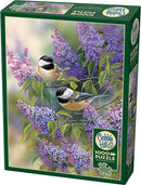 Chickadees and Lilacs jigsaw puzzle by Cobble Hill featuring two charming chickadees amidst blooming lilac flowers, perfect for nature lovers and puzzle enthusiasts. The box displays vibrant, detailed artwork and includes a poster.