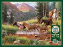 Mountain Thunder jigsaw puzzle by Cobble Hill featuring a scenic landscape of horses running through a stream surrounded by lush greenery and majestic mountains. The puzzle consists of 1000 pieces and includes a poster for reference.