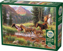 Mountain Thunder jigsaw puzzle by Cobble Hill featuring a picturesque scene of horses running through a stream in a vibrant forested mountain landscape. The puzzle has 1000 pieces and includes a poster for reference.
