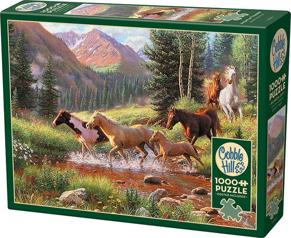 Mountain Thunder jigsaw puzzle by Cobble Hill featuring a picturesque scene of horses running through a stream in a vibrant forested mountain landscape. The puzzle has 1000 pieces and includes a poster for reference.