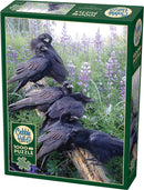The 'Raven Rendezvous' jigsaw puzzle by Cobble Hill features a stunning image of a group of black ravens resting on a log amidst vibrant purple flowers in a lush green meadow. This 1000-piece puzzle offers a beautiful, intricate design that nature lovers and puzzle enthusiasts alike will enjoy putting together.