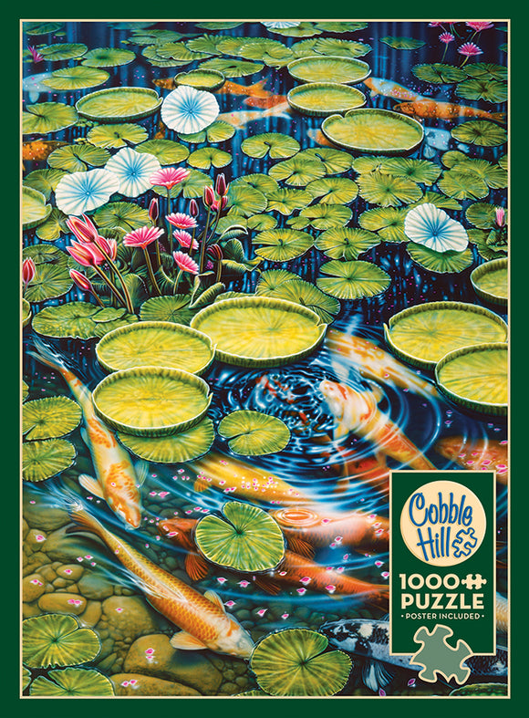 A vibrant jigsaw puzzle titled 'Koi Pond' by Cobble Hill featuring a serene underwater scene filled with colorful koi fish swimming among lush green lily pads and pink water lilies. The puzzle has 1000 pieces and includes a poster for reference, perfect for nature lovers and puzzle enthusiasts.