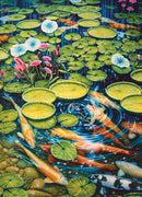 A vibrant jigsaw puzzle depicting a serene Koi pond, filled with colorful koi fish swimming among lush green lily pads and blooming pink and white flowers. The artwork features intricate details of water rippling around the fish and leaves, creating a tranquil and beautiful aquatic scene.