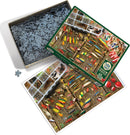 Cobble Hill Fishing Lures jigsaw puzzle featuring an assortment of colorful fishing lures displayed in a wooden compartment, with a complete puzzle image alongside. The box contains numerous interlocking pieces for a challenging and fun activity.