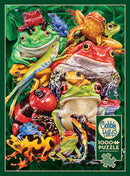 Frog Business jigsaw puzzle featuring a vibrant collection of frogs of various species and colors. The colorful artwork showcases frogs in a lush green background, providing a beautiful and challenging 1000-piece puzzle experience. A poster is included for reference.