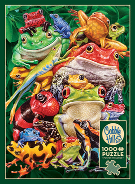Frog Business jigsaw puzzle featuring a vibrant collection of frogs of various species and colors. The colorful artwork showcases frogs in a lush green background, providing a beautiful and challenging 1000-piece puzzle experience. A poster is included for reference.