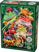 Cobble Hill jigsaw puzzle titled 'Frog Business', featuring a vibrant assortment of colorful frogs and toads set against a lush green background. The puzzle contains 1000 pieces and includes a poster for reference.