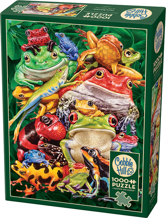 Cobble Hill jigsaw puzzle titled 'Frog Business', featuring a vibrant assortment of colorful frogs and toads set against a lush green background. The puzzle contains 1000 pieces and includes a poster for reference.