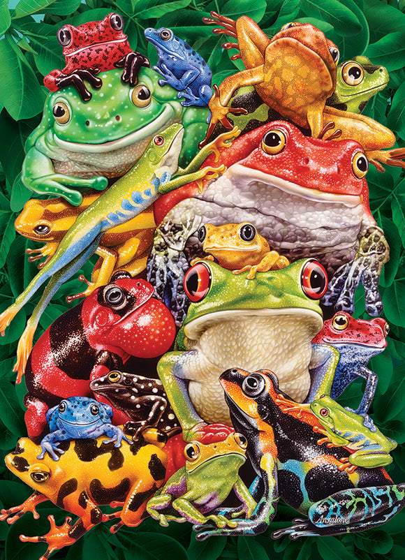 A colorful jigsaw puzzle titled 'Frog Business' by Cobble Hill featuring a vibrant illustration of various frog species in a lush green background. The frogs are depicted in different poses and colors, showcasing their unique patterns and textures. This engaging puzzle offers a fun and challenging experience for puzzle enthusiasts and nature lovers alike.