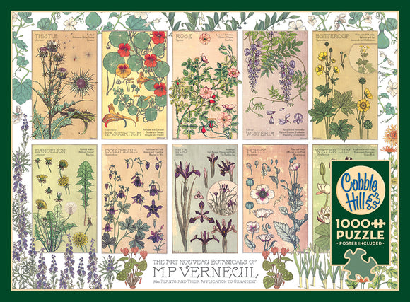 Botanicals by Verneuil jigsaw puzzle featuring 12 vintage botanical illustrations. Each card showcases a different flower, including Thistle, Rose, and Iris, surrounded by intricate floral patterns. The packaging highlights the Cobble Hill logo, indicating a 1000-piece puzzle with a poster included. A beautiful representation of Art Nouveau style.