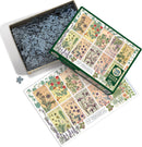 Botanicals by Verneuil jigsaw puzzle by Cobble Hill, featuring a beautiful design of vintage botanical illustrations. The puzzle pieces are scattered in a rectangular box, with a picture of the completed puzzle showing various flowers and plants on a soft background.