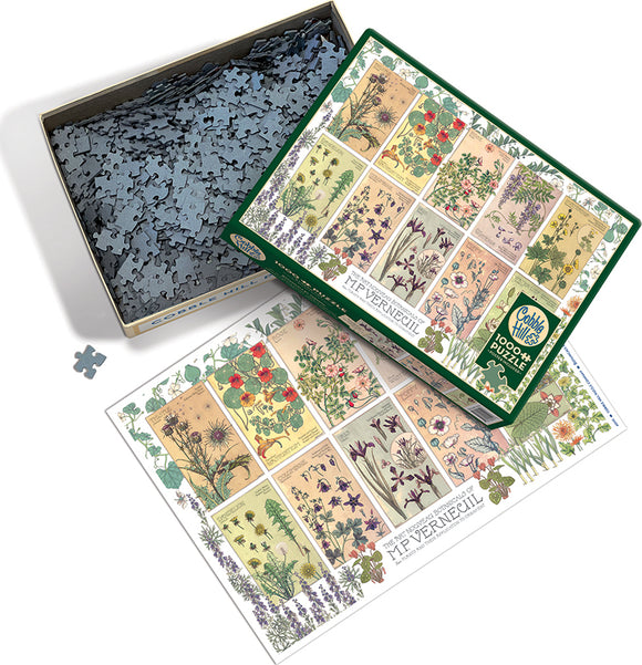Botanicals by Verneuil jigsaw puzzle by Cobble Hill, featuring a beautiful design of vintage botanical illustrations. The puzzle pieces are scattered in a rectangular box, with a picture of the completed puzzle showing various flowers and plants on a soft background.