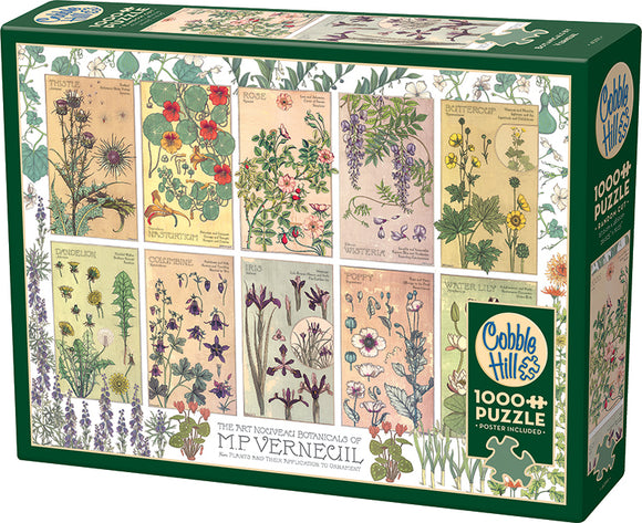 Puzzle box featuring the artwork 'The Art Nouveau Botanicals of M.P. Verneuil' by Cobble Hill. It includes various botanical illustrations such as Thistle, Rose, Dandelion, and Water Lily. The jigsaw puzzle has 1000 pieces and comes with a poster.