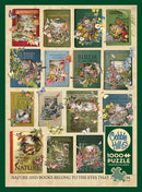 A visually captivating jigsaw puzzle titled 'The Nature of Books' by Cobble Hill. The image features a collection of illustrated book covers related to nature, surrounded by vibrant floral and fauna designs. Each book cover presents distinct themes such as gardening, bird watching, and exploring nature, creating an inviting and colorful mosaic of literary and natural beauty. The puzzle consists of 1000 pieces and includes a poster for reference.