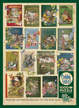 A visually captivating jigsaw puzzle titled 'The Nature of Books' by Cobble Hill. The image features a collection of illustrated book covers related to nature, surrounded by vibrant floral and fauna designs. Each book cover presents distinct themes such as gardening, bird watching, and exploring nature, creating an inviting and colorful mosaic of literary and natural beauty. The puzzle consists of 1000 pieces and includes a poster for reference.